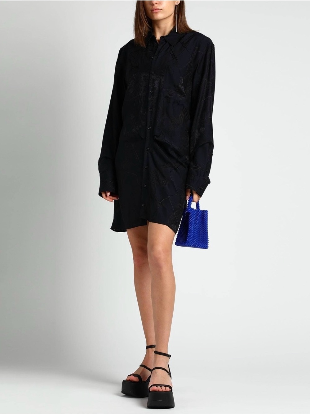 Off-White Black Subtle-Pattern Long-Sleeve Button Down Shirt Dress